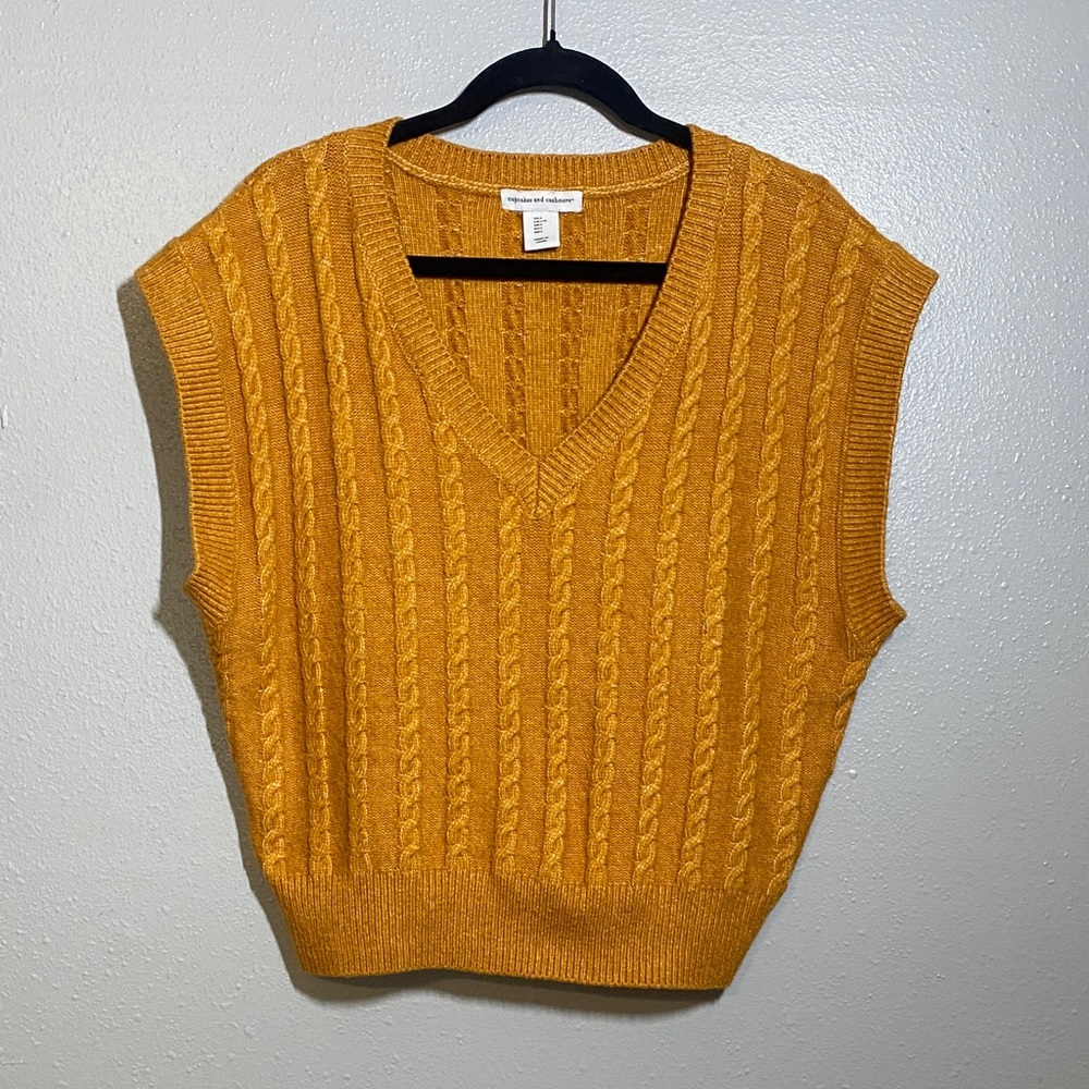 cupcakes & cashmere Mustard Cable-Knit V-Neck Sweater Vest